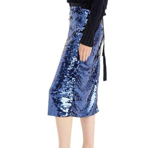 💙 NWT J Crew Collection Sequin Midi Skirt with Tie Belt Royal Navy Blue💙 - Picture 3 of 9